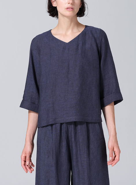 Linen Wide Sleeves V-Neckline Blouse