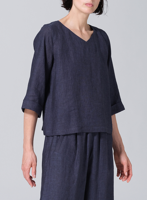 Linen Wide Sleeves V-Neckline Blouse