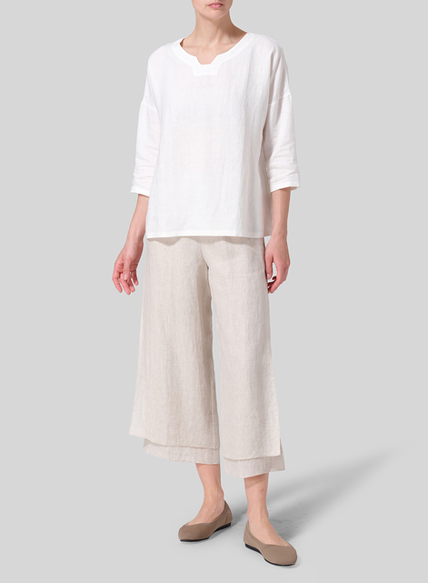 Linen Notch Square Neckline Dropped Shoulder Top