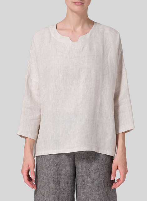 Linen Notch Square Neckline Dropped Shoulder Top