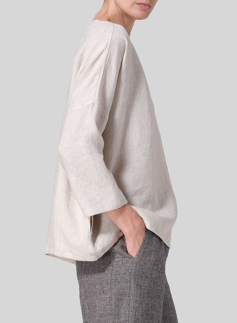 Linen Notch Square Neckline Dropped Shoulder Top