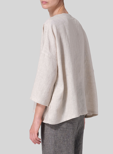 Linen Notch Square Neckline Dropped Shoulder Top