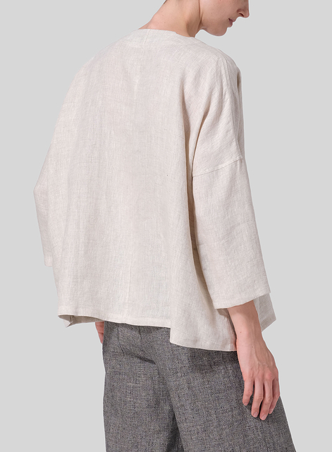 Linen Notch Square Neckline Dropped Shoulder Top