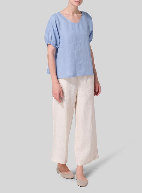 Linen Drawstring Cuffs Short Sleeve Top
