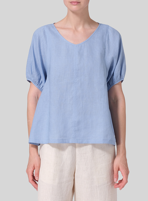 Linen Drawstring Cuffs Short Sleeve Top