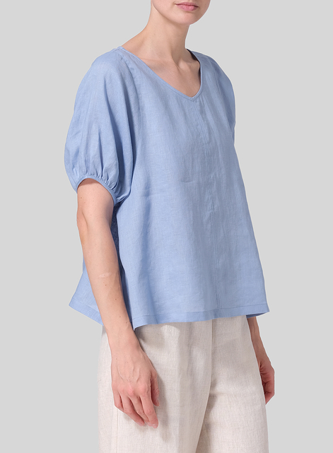 Linen Drawstring Cuffs Short Sleeve Top
