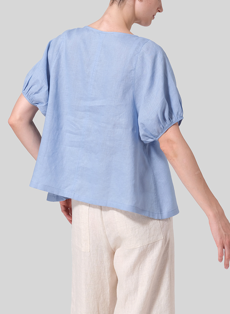 Linen Drawstring Cuffs Short Sleeve Top