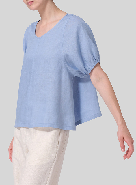 Linen Drawstring Cuffs Short Sleeve Top