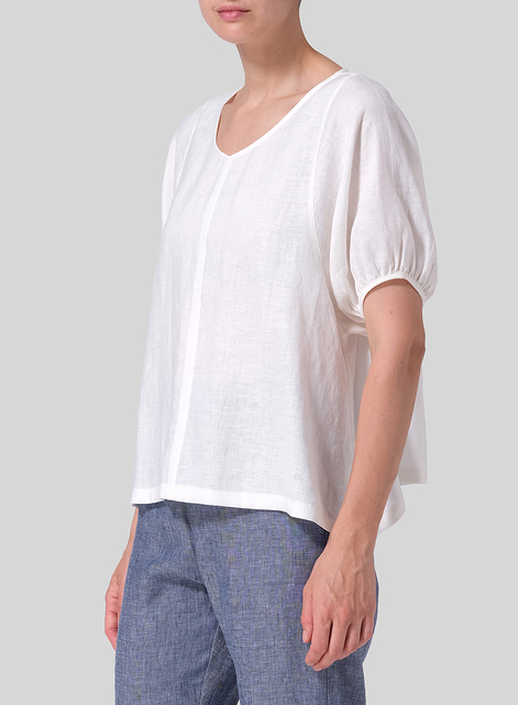 Linen Drawstring Cuffs Short Sleeve Top