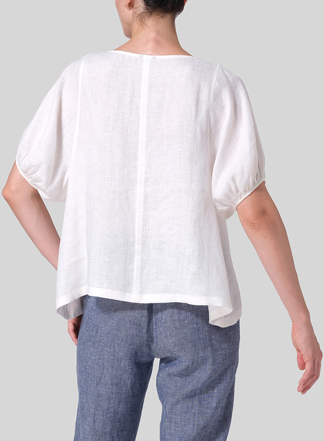 Linen Drawstring Cuffs Short Sleeve Top