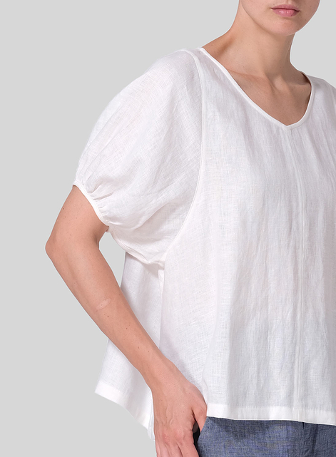 Linen Drawstring Cuffs Short Sleeve Top