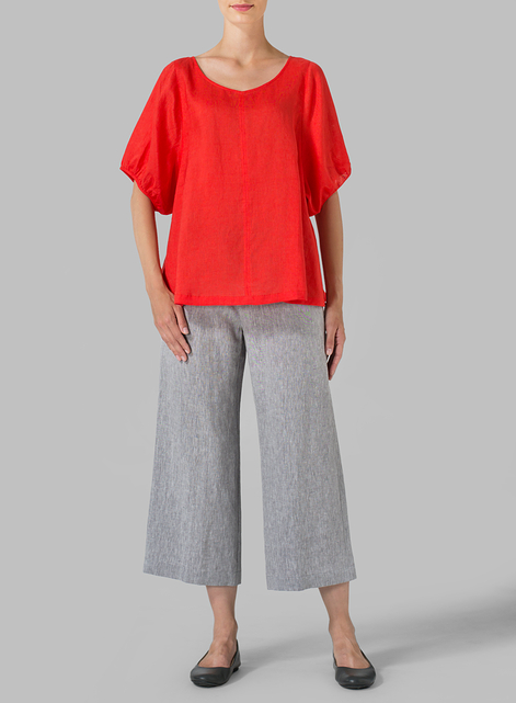 Linen Drawstring Cuffs Short Sleeve Top