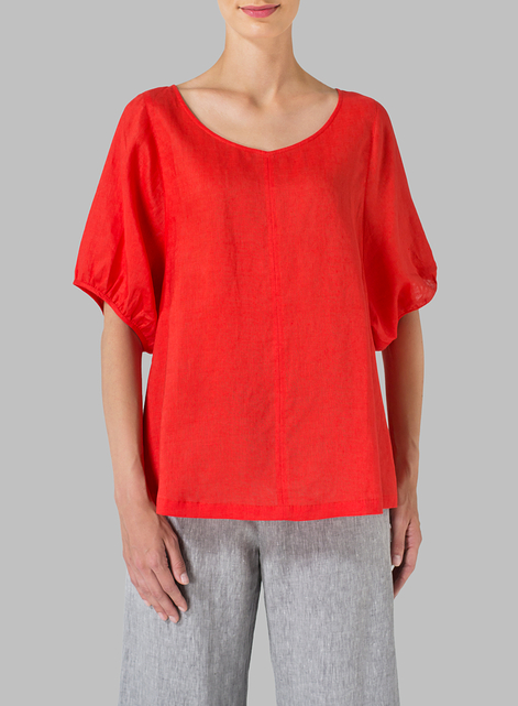Linen Drawstring Cuffs Short Sleeve Top