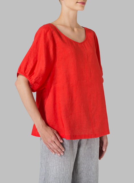 Linen Drawstring Cuffs Short Sleeve Top