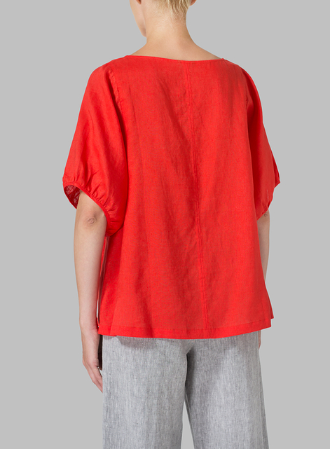 Linen Drawstring Cuffs Short Sleeve Top