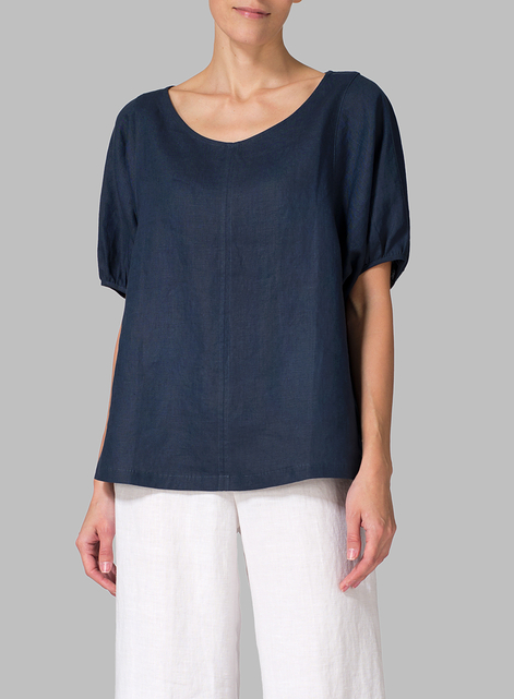 Linen Drawstring Cuffs Short Sleeve Top