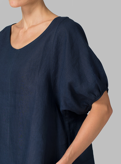 Linen Drawstring Cuffs Short Sleeve Top