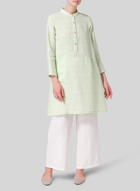 Linen Mandarin Collar A-line Smock Long