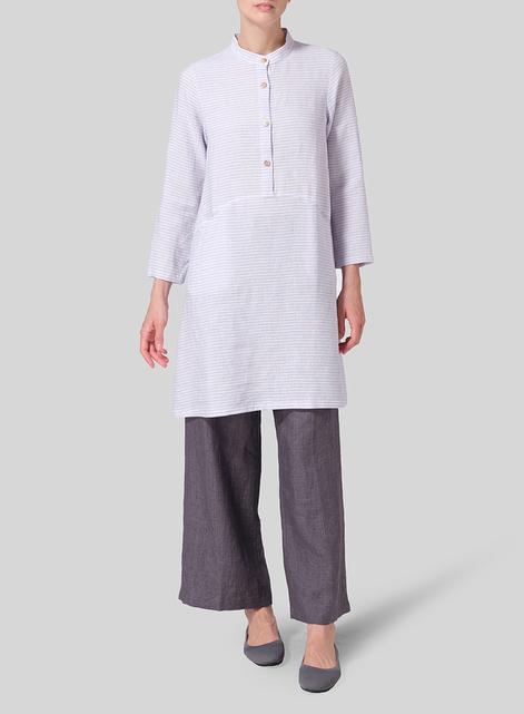 Linen Mandarin Collar A-line Smock Long