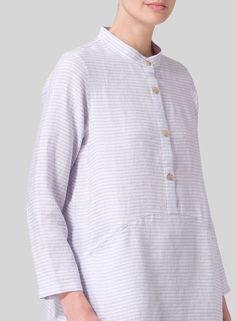 Linen Mandarin Collar A-line Smock Long