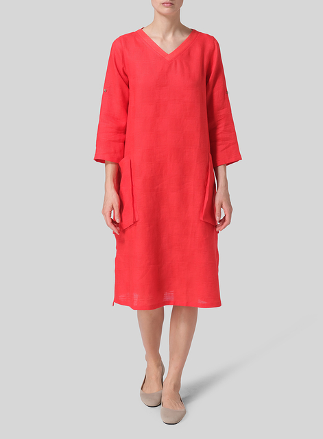 Linen A-shape Patch Pockets Tunic Dress