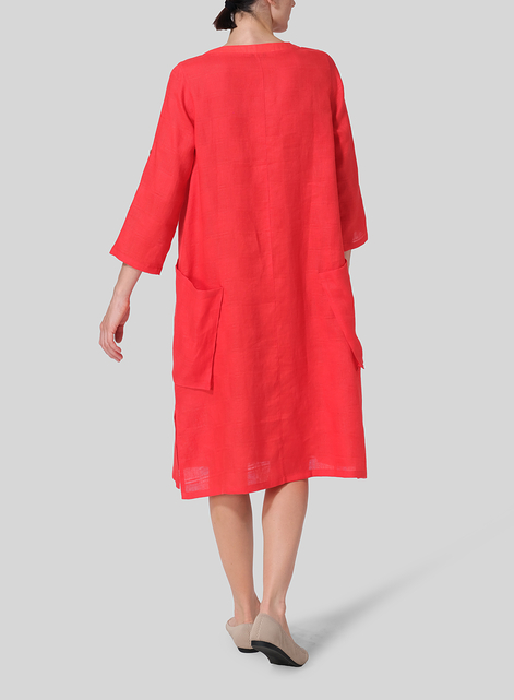 Linen A-shape Patch Pockets Tunic Dress