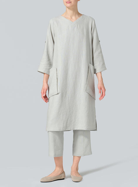Linen A-shape Patch Pockets Tunic Dress