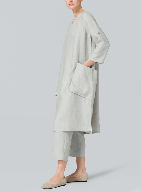Linen A-shape Patch Pockets Tunic Dress