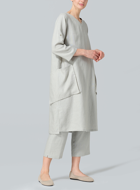 Linen A-shape Patch Pockets Tunic Dress