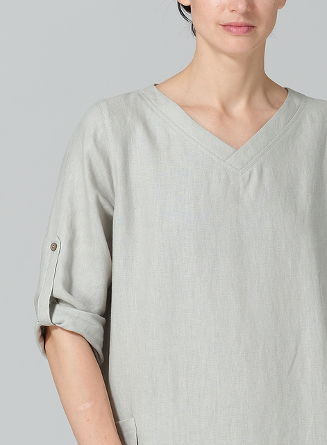 Linen A-shape Patch Pockets Tunic Dress