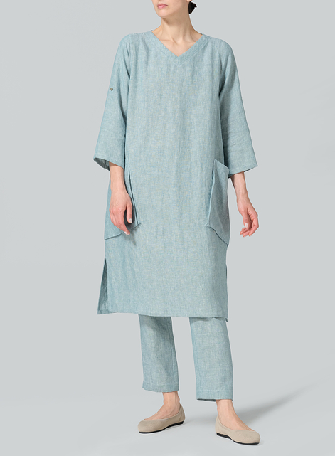 Linen A-shape Patch Pockets Tunic Dress