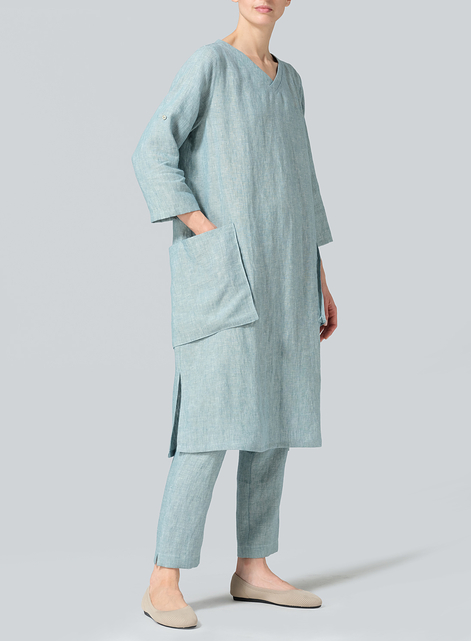 Linen A-shape Patch Pockets Tunic Dress