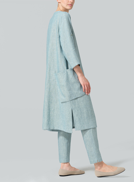 Linen A-shape Patch Pockets Tunic Dress