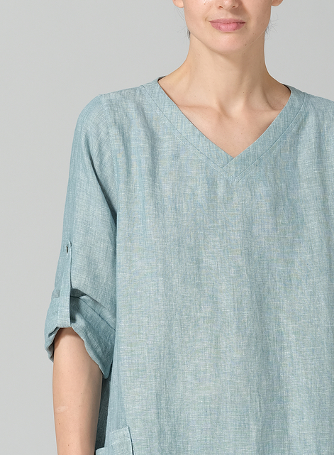 Linen A-shape Patch Pockets Tunic Dress