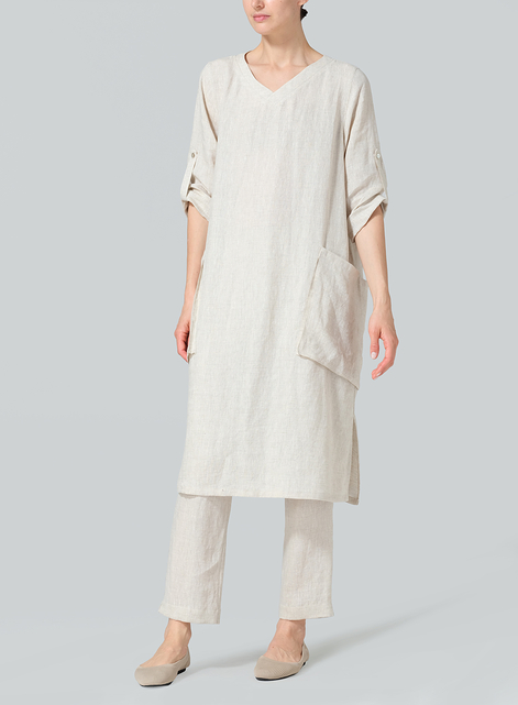 Linen A-shape Patch Pockets Tunic Dress