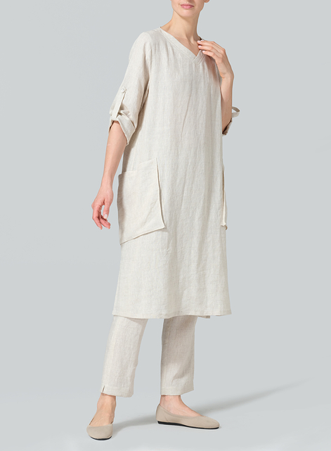 Linen A-shape Patch Pockets Tunic Dress