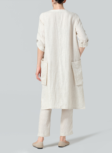 Linen A-shape Patch Pockets Tunic Dress