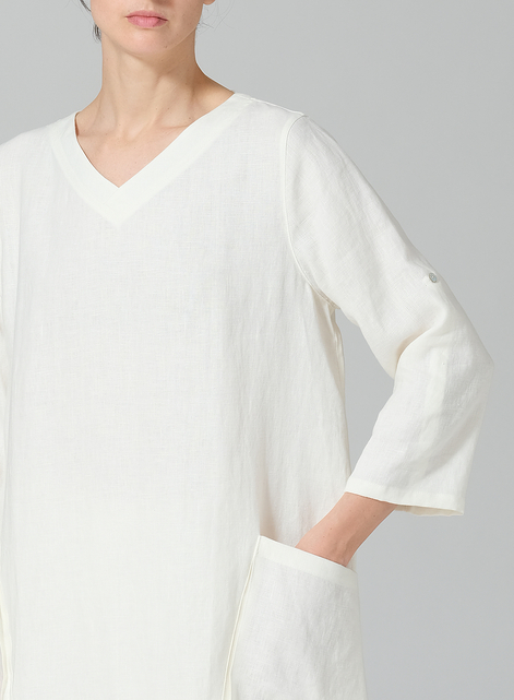 Linen A-shape Patch Pockets Tunic Dress