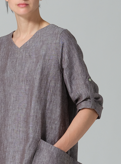 Linen A-shape Patch Pockets Tunic Dress