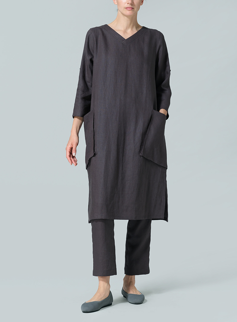 Linen A-shape Patch Pockets Tunic Dress