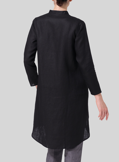 Linen Shirt Dress with Mandarin Collar