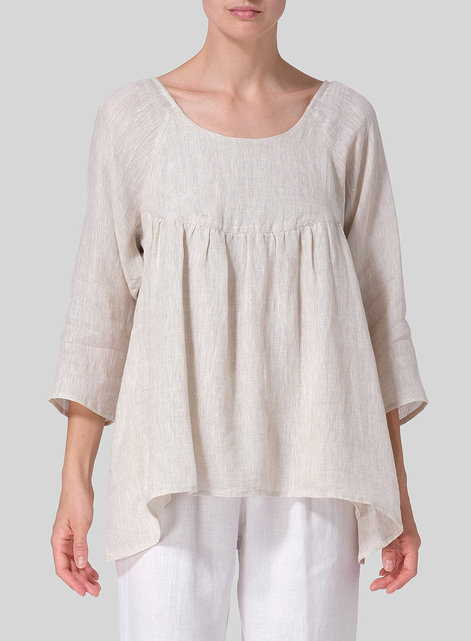 Linen Regular Deep Round-Neck Blouse