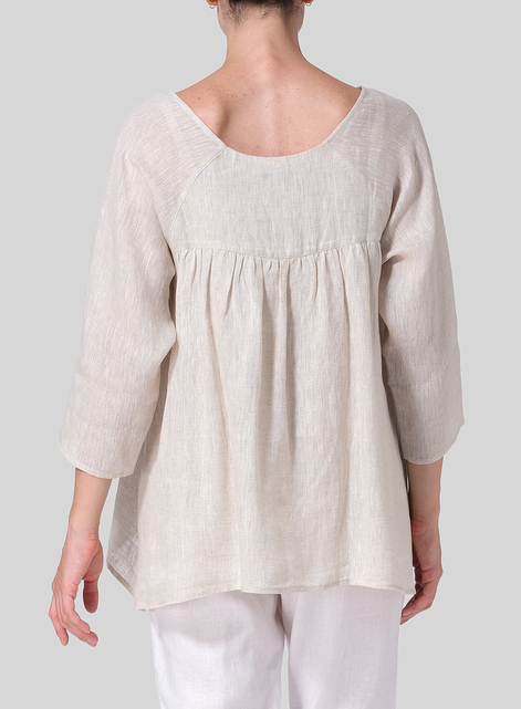 Linen Regular Deep Round-Neck Blouse