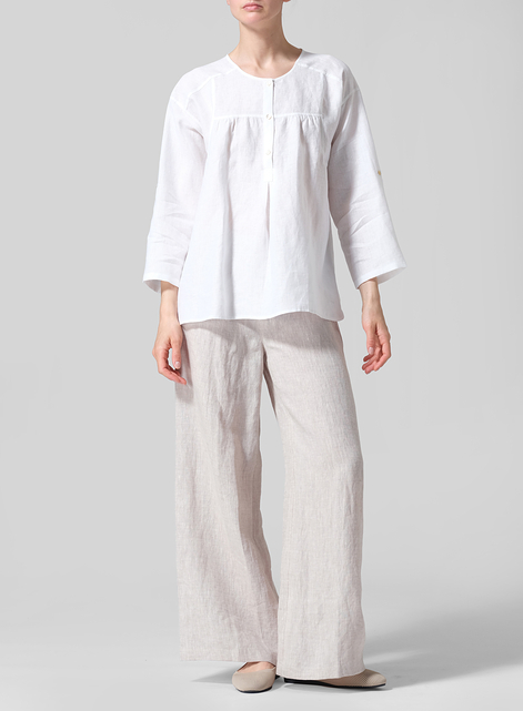 Linen Loose Fit Roll-Tab Sleeve Pleated Blouse