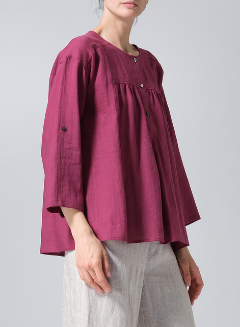 Linen Loose Fit Roll-Tab Sleeve Pleated Blouse