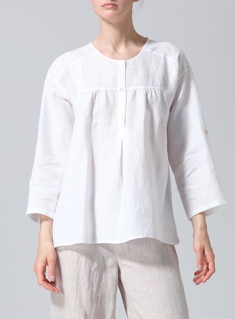Linen Loose Fit Roll-Tab Sleeve Pleated Blouse
