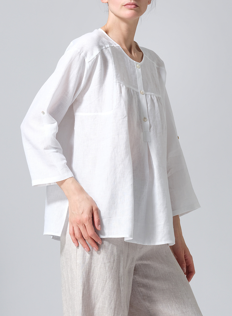 Linen Loose Fit Roll-Tab Sleeve Pleated Blouse