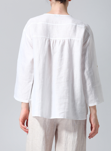 Linen Loose Fit Roll-Tab Sleeve Pleated Blouse