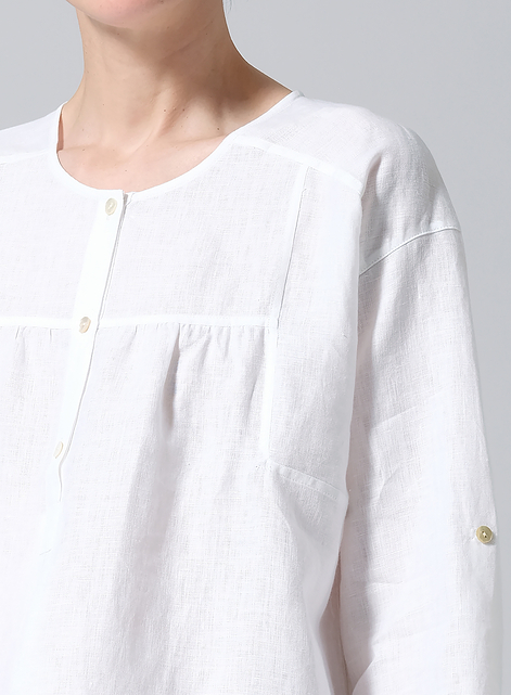 Linen Loose Fit Roll-Tab Sleeve Pleated Blouse