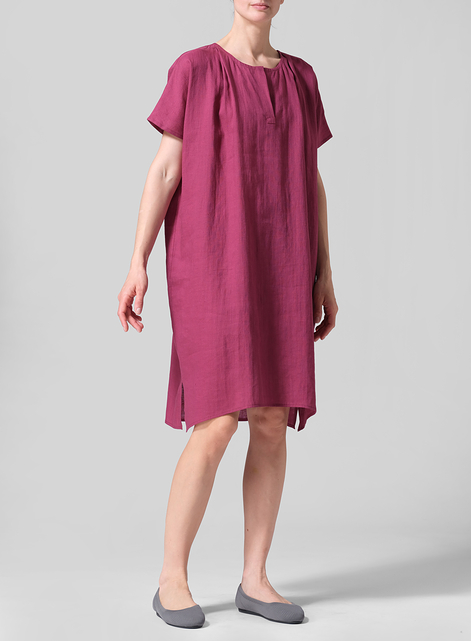 Linen Straight Cut V-neck Pleated Tunic
